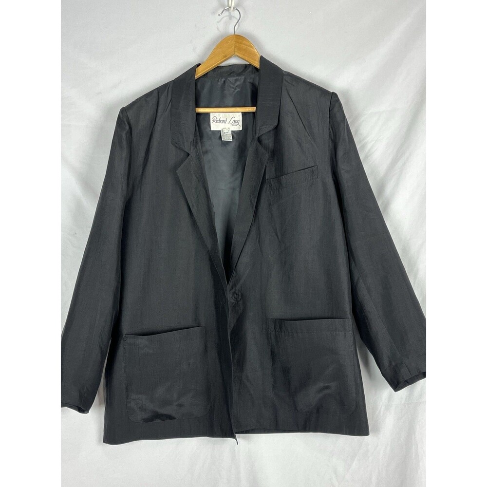 Black 100% Silk Blazer Women M Lightweight Classic Minimal Jacket - Picture 12 of 12